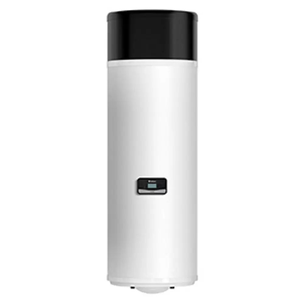 Vaillant Warmwasserwärmepumpe in zylindrischer Form, überwiegend weiß mit schwarzem Deckel, ausgestattet mit einem digitalen Anzeigebereich auf der Vorderseite.